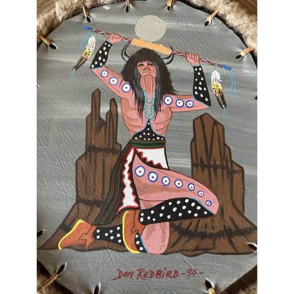 Vintage Native American Art, Set of 2 Buffalo shields on leather by Don Redbird - Picture 2 of 16